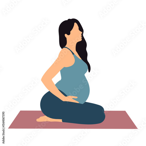 Pregnant woman doing prenatal yoga on mat, healthy pregnancy lifestyle