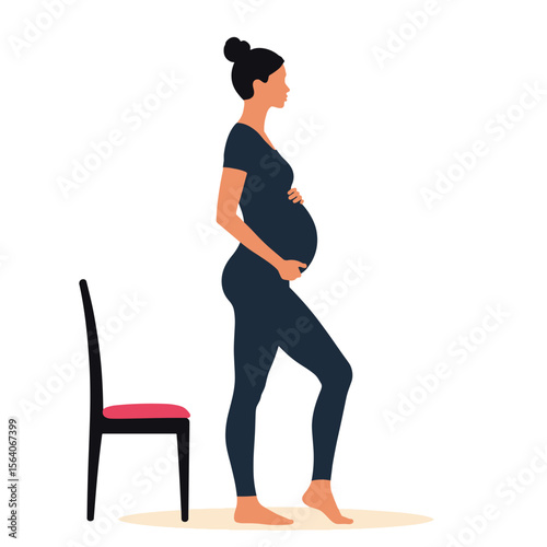 Pregnant woman standing by chair, prenatal exercise and health
