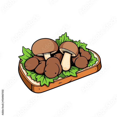 Mushrooms with lettuce on bread, food art copyspace