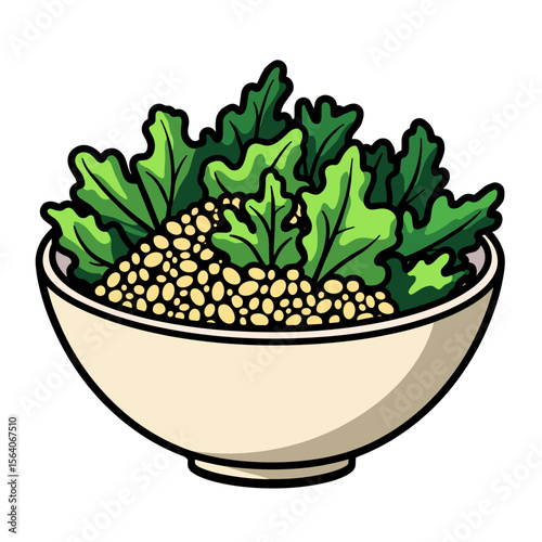 Cartoon bowl of quinoa and leafy greens, healthy vegetarian food