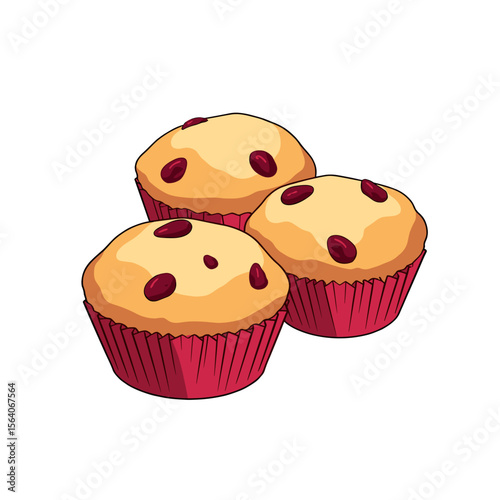 Three cranberries muffins in pink wrappers, bakery dessert