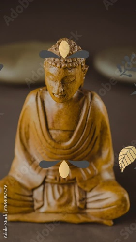 Animation of looping circles over leaves and stone around buddha statue