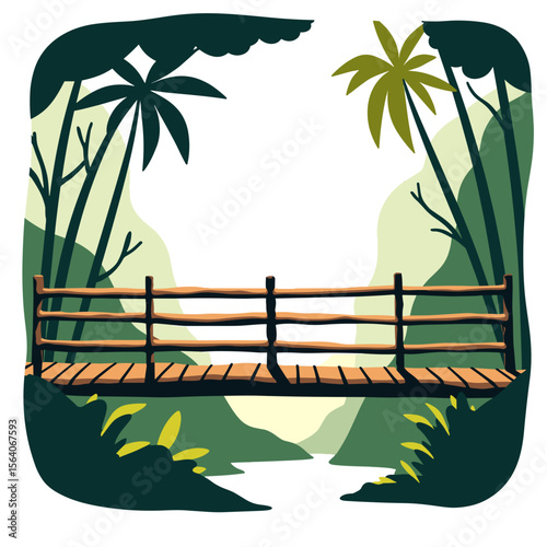 Wooden bridge in tropical jungle, nature exploration theme