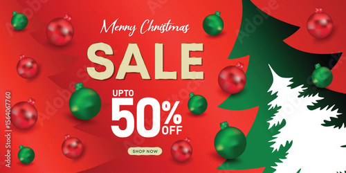 Christmas sale poster with paper-cut tree and realistic ornaments on red background