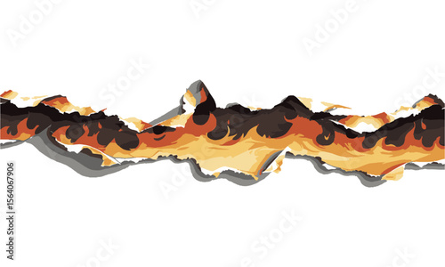 Scalable vector image of a torn and burned piece of paper with jagged,dark burnt tones to warm orange and yellow hues, creating a fire-like gradient effect, easily editable.
