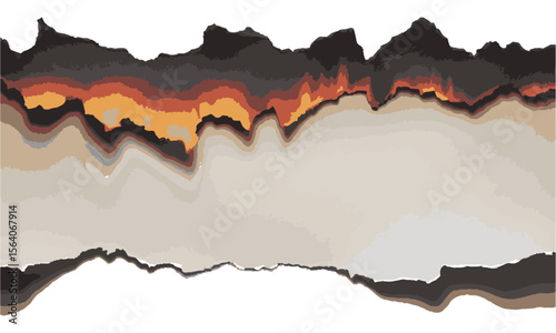 Scalable vector image of a torn and burned piece of paper with jagged,dark burnt tones to warm orange and yellow hues, creating a fire-like gradient effect, easily editable.