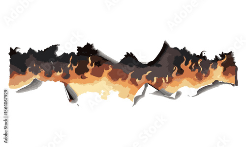Scalable vector image of a torn and burned piece of paper with jagged,dark burnt tones to warm orange and yellow hues, creating a fire-like gradient effect, easily editable.