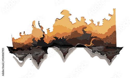 Scalable vector image of a torn and burned piece of paper with jagged,dark burnt tones to warm orange and yellow hues, creating a fire-like gradient effect, easily editable.