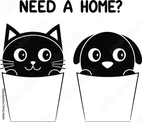 Adorable Animal Adoption Graphic Featuring a Cat and Dog Looking for a Loving Home and a Family to Join SoonVector Illustration