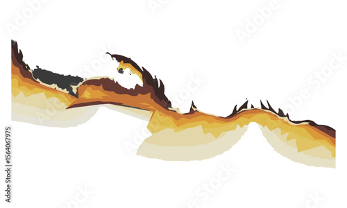 Scalable vector image of a torn and burned piece of paper with jagged,dark burnt tones to warm orange and yellow hues, creating a fire-like gradient effect, easily editable.