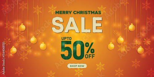 Warm golden Christmas banner with festive hanging ornaments and snowflake background