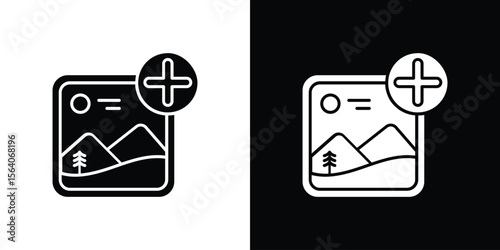 Add photos icon silhouette vector in black colors. flat symbol logo design style