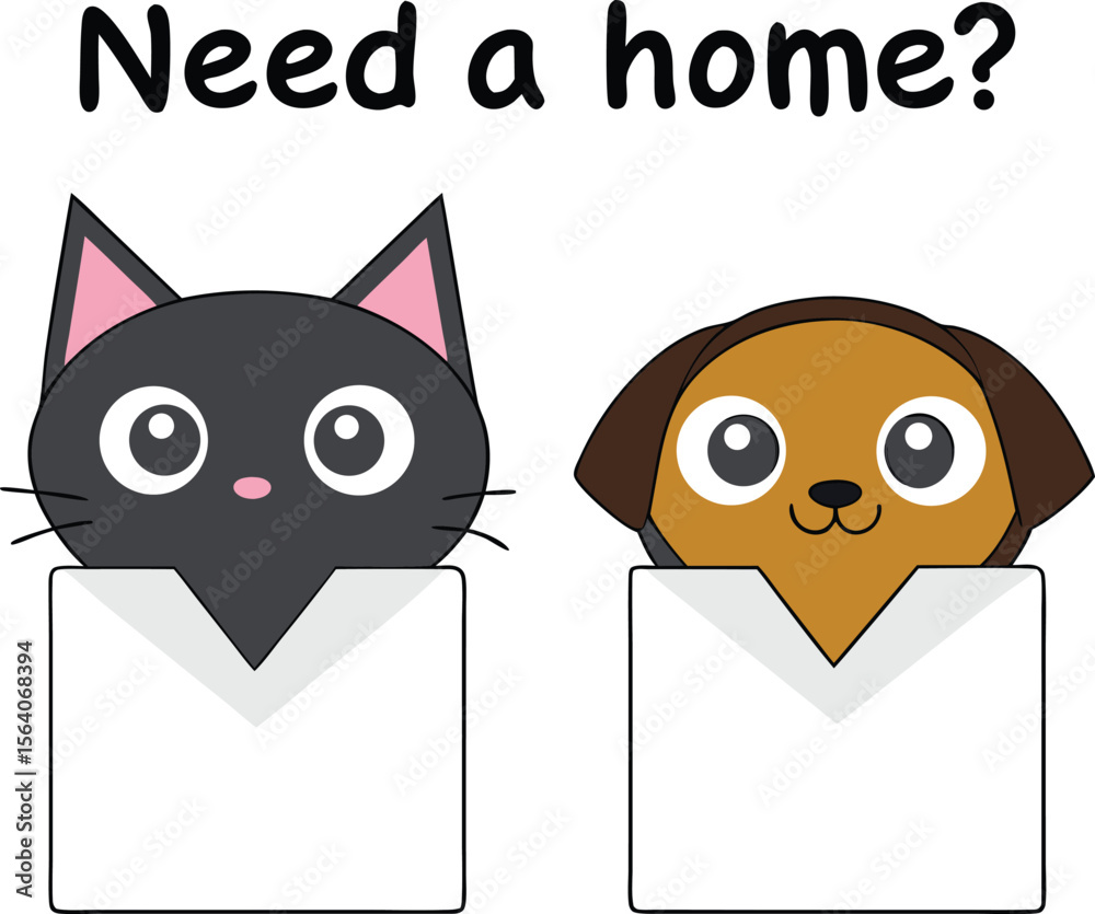 Obraz premium Adorable Cartoon Cat and Dog Seeking a Home Illustration With Playful Font and Cute Animal Characters Vector Illustration