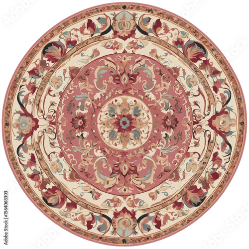 Elegant round rug with classic floral oriental pattern in red and cream tones. Vintage vector illustration for luxurious interiors. Isolated on white background.