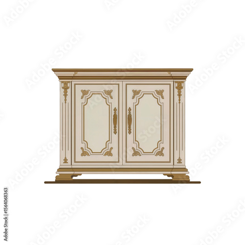 Cream-colored sideboard with golden accents and ornate carved details. Elegant vintage vector furniture design for luxurious interiors. Isolated on white background.