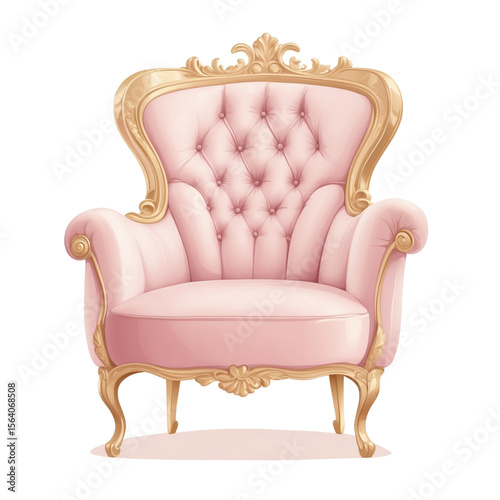 Elegant pink velvet armchair with curved golden frame in vintage style. Luxurious vector furniture isolated on white background. Clean, minimal flat design for interior decor concepts.
