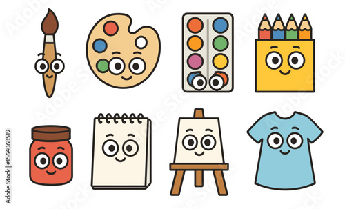 Cute art supplies with smiling faces: brush, palette, paints, pencils, notepad, easel, t-shirt icons