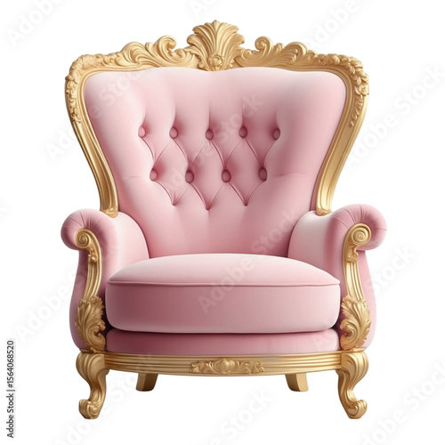 Elegant pink velvet armchair with curved golden frame in vintage style. Luxurious vector furniture isolated on white background. Clean, minimal flat design for interior decor concepts.