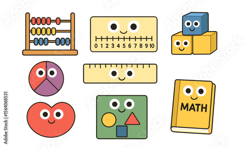 Cute math learning tools illustration with smiling faces for kids' education