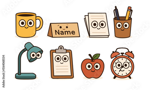 Cute office supplies with smiling faces: desk lamp, coffee mug, and more