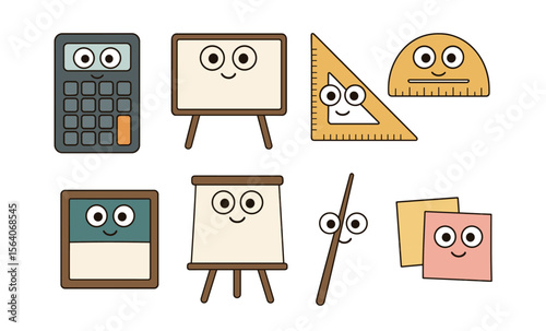 Cute smiling stationery set with calculator, whiteboard, ruler, and sticky notes for kids