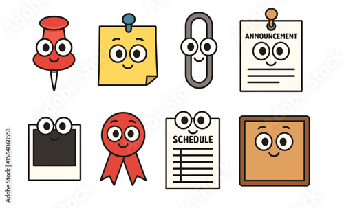 Cute office supplies with smiling faces: playful pushpin, sticky notes, and more with big eyes
