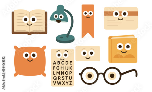 Cute kawaii style study icons with happy faces for educational designs