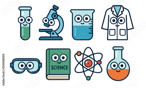 Adorable science icons featuring smiling lab equipment and science symbols