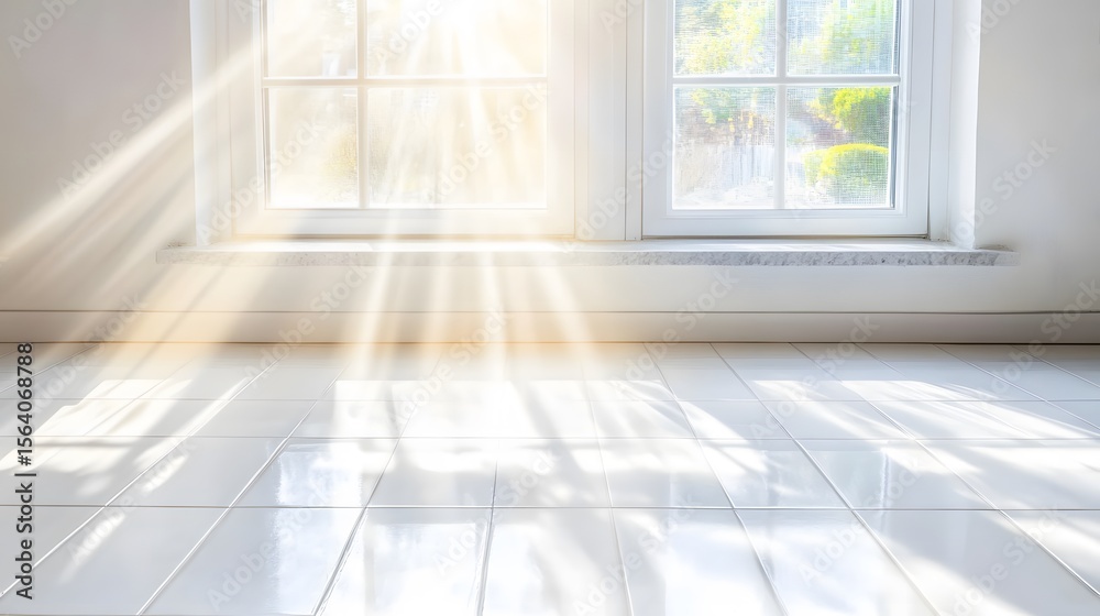 Fototapeta premium Bright Sunlight Streaming Through Window onto Tile Floor