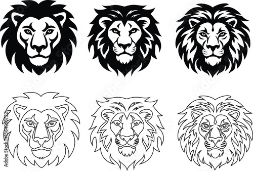 Bold lion face flat and line art vector icon set for wildlife, sports logos, and mascot designs.