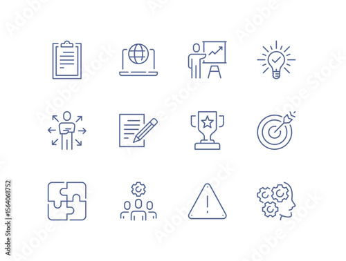 Workshop icon, minimal business training symbol including coaching, teamwork, collaboration, leadership development, representation, simple seminar and skill building line flat vector illustration.