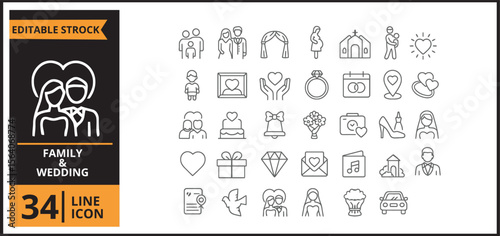 Family Wedding Love Line Icons Set - 34 Outline Vector Icons Collection