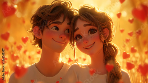 Young Couple in Love heart raining background