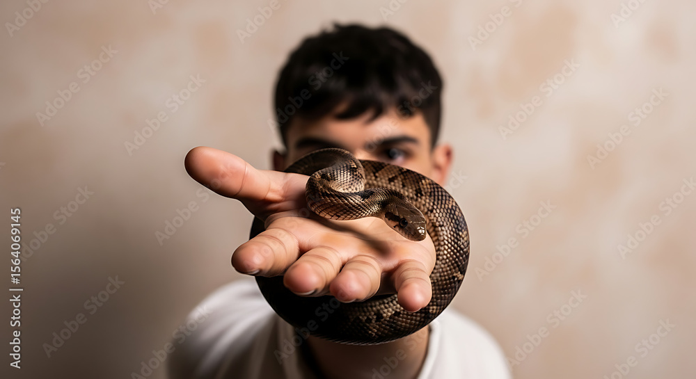 Fototapeta premium Young Man Gently Holding a Small Snake Reptile Handling and Conservation