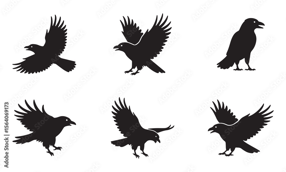 Fototapeta premium Crow silhouette vector collection flying and standing bird black illustration