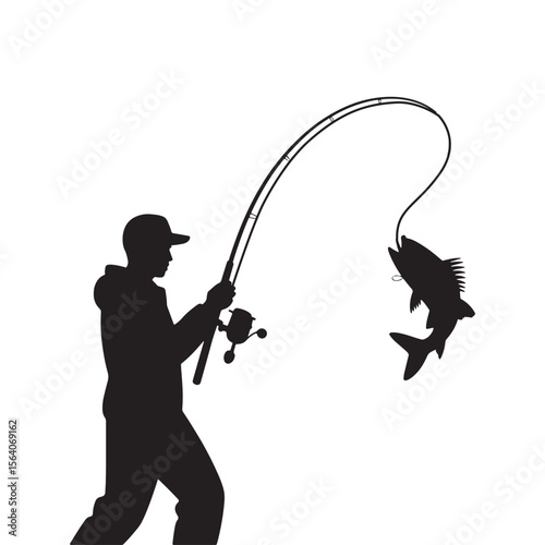 Fishing man silhouette catching fish with rod vector illustration icon

