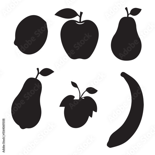 Collection of black fruit silhouettes including apple pear banana and lemon