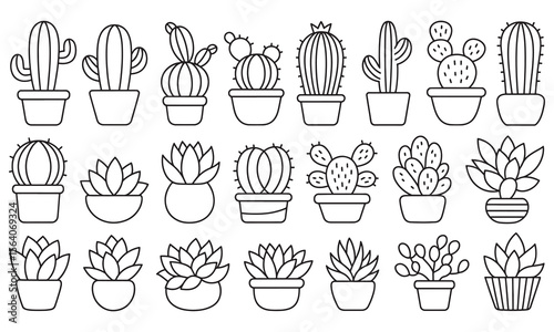 Succulent and Cactus Outline Vector Set, Hand-drawn Potted Plants in Simple Style
