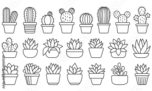 Cactus and Succulent Vector Collection, Hand-drawn Outline Potted Plants Illustration