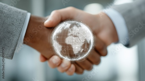 Global business handshake with digital world globe overlay photo