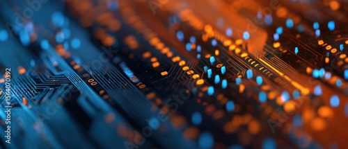 Abstract circuit board glowing blue and orange technology background