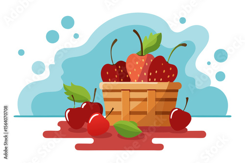 Red Cherries and Strawberries Spilling Out of Woven Basket Vector