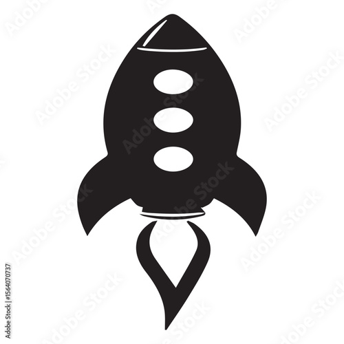 Simple black silhouette of a rocket ship with three circular windows and fiery exhaust