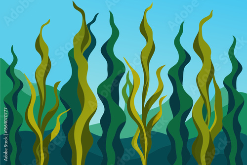 Tall Kelp Forest Underwater Scene with Flowing Sea Plants Vector