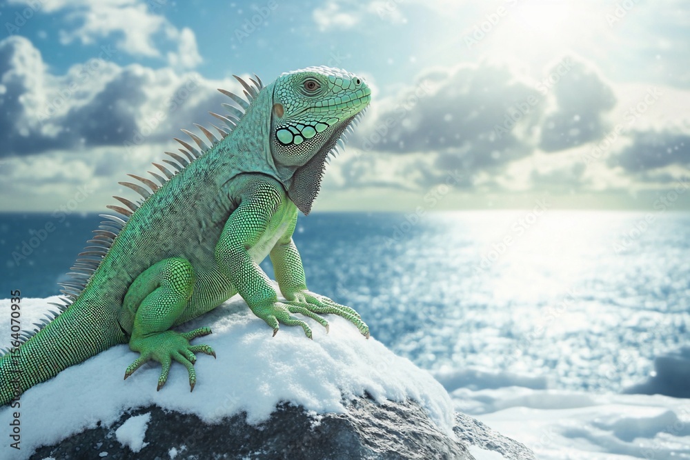 Fototapeta premium Snowy rock with iguana basking under strong sunlight