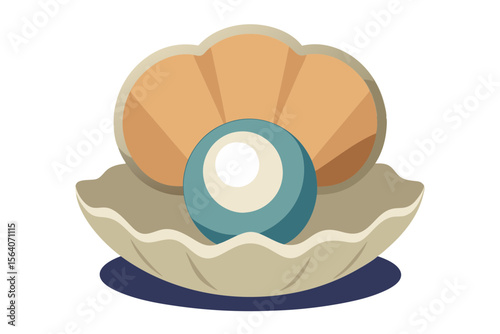 Vector Pearl Inside Open Oyster Shell with Ocean Background