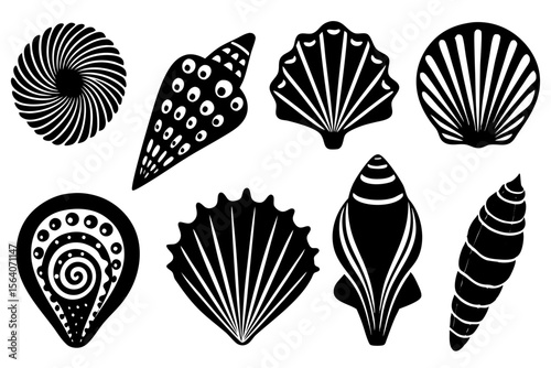 Vector Set of Seashells with Diverse Shapes and Ocean Patterns