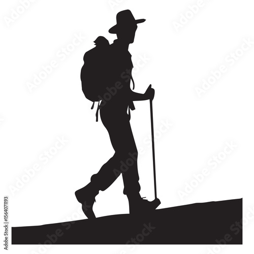 Silhouette of a hiker wearing a hat and carrying a backpack with a trekking pole