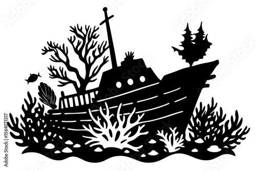 Vector Silhouette of Sunken Boat with Sea Life and Coral