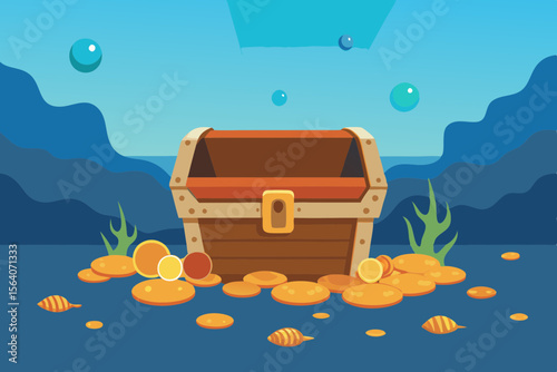 Sunken Treasure Chest Vector with Coins and Ocean Background